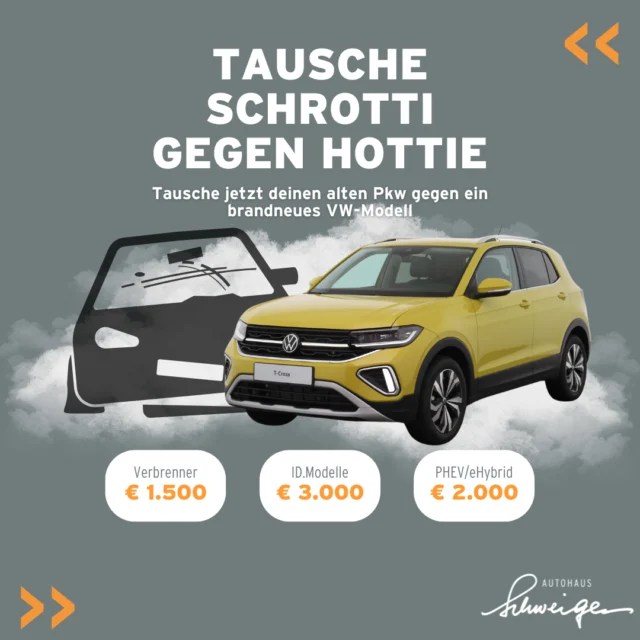 🚗 Eintauschaktion: Dein Weg zu einem neuen Volkswagen! 🚗⁠
⁠
Du träumst von einem neuen Auto? Dann ist jetzt der perfekte Zeitpunkt, umzusteigen! ✨⁠
⁠
Was du bekommst:⁠
⁠
🔄 Tausche dein aktuelles Fahrzeug ein und profitiere von unserem Eintauschbonus:⁠
✔️ 1.500 € für Verbrenner⁠
✔️ 2.000 € für PHEV/eHybrid-Modelle⁠
✔️ 3.000 € für ID. Modelle⁠
⁠
Deine Vorteile:⁠
⁠
✅ Gilt für viele Volkswagen Modelle (Polo, Golf, ID.3, Tiguan, u.v.m.)⁠
✅ Kombinierbar mit attraktiven Sondermodellen und Linien!⁠
✅ Keine Einschränkung beim Alter oder Haltedauer deines Gebrauchtwagens.⁠
⁠
Aktionszeitraum:⁠
⁠
👉 Kundenerfassung: ab jetzt bis 31. März 2025⁠
👉 Zulassung spätestens bis 31. August 2025⁠
⁠
So funktioniert’s:⁠
⁠
1️⃣ Gebrauchtwagen eintauschen (aus deinem Besitz oder Familienmitglied).⁠
2️⃣ Neues Volkswagen-Modell auswählen.⁠
3️⃣ Bonus sichern und durchstarten! 🚀⁠
⁠
❗ Wichtige Info: Gilt nur für Privatkunden.⁠
⁠
➡️ Mehr erfahren? Komm vorbei oder kontaktiere uns direkt. Dein neues Auto wartet schon! 😁⁠
⁠
⁠
#autohausschweiger #reutte #volkswagen #eintauschbonus