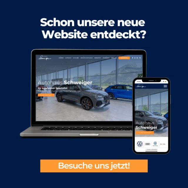 🚗💥 Unsere brandneue Autohaus Schweiger Website ist LIVE! 💥🚗⁠
⁠
Wir freuen uns sehr, euch unseren neuen digitalen Auftritt vorzustellen! Ein absolutes Highlight ist unser Online-Showroom: Hier könnt ihr jedes Fahrzeug hautnah erleben – mit allen Details, Infos und Ausstattungsmerkmalen direkt auf einen Blick. 🔍✨⁠
⁠
Außerdem sind unsere Standorte Reutte und Nesselwang nun auf einer Seite vereint, sodass ihr alles noch einfacher finden könnt. 🚗✨⁠
⁠
Schaut vorbei und lasst uns in den Kommentaren wissen, wie euch unsere neue Website gefällt! 🧡⁠
⁠
Den Link zur Website findet ihr in unserer Bio!⁠
⁠
#autohausschweiger #volkswagen #audi #vwnutzfahrzeuge #skoda