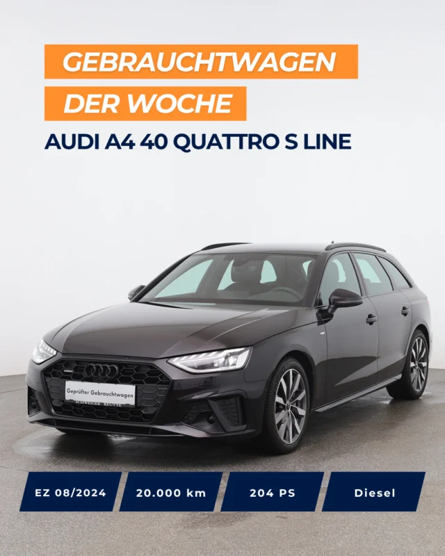 🚨 Gebrauchtwagen der Woche – und was für einer! 🚨⁠
Audi A4 40 TFSI quattro S line⁠
⁠
📅 Erstzulassung: 08/2024⁠
📍 Nur 20.000 km⁠
⁠
Top-Features, die begeistern:⁠
⁠
🖤 Schwarzes Optikpaket⁠
🔊 Audi Virtual Cockpit & Soundsystem⁠
📱 Smartphone Interface⁠
💡 Matrix-LED & Ambientebeleuchtung⁠
🔥 Standheizung & -lüftung⁠
🎥 Rückfahrkamera & Einparkhilfe⁠
🧊 3-Zonen-Klimaautomatik⁠
🚙 Elektrisch schwenkbare Anhängerkupplung⁠
⁠
💸 Preis AT: 47.990 €⁠
💸 Preis DE: 44.990 €⁠
⁠
👉 Alle Details zum Fahrzeug jetzt über den Link in der Bio entdecken!⁠
⁠
#autohausschweiger #gebrauchtwagen #audi