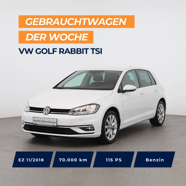🚗 Gebrauchtwagen der Woche: VW Golf Rabbit TSI⁠
⁠
📅 EZ: 11/2018 | 70.000 km | 115 PS Benzin | Schaltgetriebe⁠
⁠
Top Ausstattung: ⁠
✨ Digitales Cockpit⁠
✨ App-Connect⁠
✨ Einparkhilfe vorn und hinten⁠
✨ Sitzheizung vorn⁠
✨ 2-Zonen-Klimaanlage⁠
✨ Multifunktionslenkrad in Leder⁠
✨ Automatische Distanzregelung ACC⁠
⁠
🇦🇹 Preis: 15.490 € ⁠
🇩🇪 Preis: 14.990 €⁠
⁠
Jetzt entdecken 👉 Link in Bio.⁠
⁠
⁠
*VW Golf Rabbit TSI. Benzin, Schaltgetriebe, 115 PS, EZ: 11/2018, Verbrauch (komb.): 4,9 l/100km, CO2-Ausstoß (komb.): 112g/km, CO2-Klasse: C⁠
⁠
⁠
#autohausschweiger #gebrauchtwagen #vwgolf #volkswagen #golfrabbit