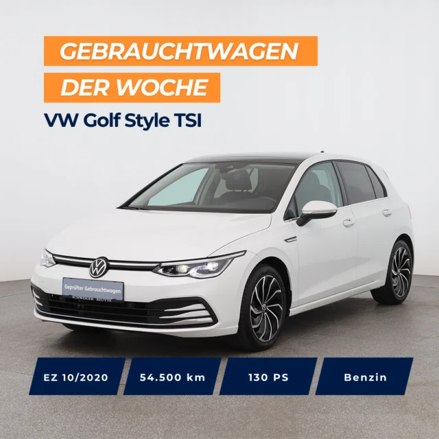 🚗 Gebrauchtwagen der Woche: VW Golf Style TSI⁠
⁠
📅 EZ: 10/2020 | 54.500 km | 130 PS | Benzin | Schaltgetriebe | Frontantrieb⁠
⁠
Top Ausstattung: ⁠
✨ App-Connect⁠
✨ Matrix-LED-Scheinwerfer mit dynamischer Fernlichtregulierung⁠
✨ Multifunktionslenkrad in Leder, beheizbar⁠
✨ Navigationssystem⁠
✨ Panoramadach⁠
✨ Rückfahrkamera⁠
✨ Schlüsselloses Schließ- und Startsystem⁠
✨ Sitzheizung vorn⁠
✨ Sportfahrwerk⁠
✨ Standheizung⁠
⁠
🇦🇹 Preis: 19.990 €⁠
🇩🇪 Preis: 19.490 €⁠
⁠
Jetzt entdecken 👉 Link in der Bio.⁠
⁠
⁠
*VW Golf Style. Benzin, Schaltgetriebe, 130 PS, EZ: 10/2020, Verbrauch (komb.): 5,5 l/100 km, CO₂-Ausstoß (komb.): 126 g/km, CO₂-Klasse: D