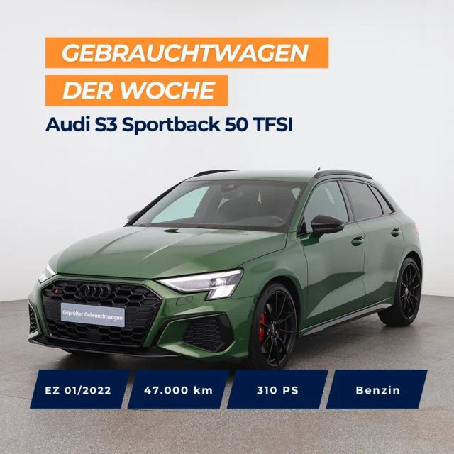 🚗 Gebrauchtwagen der Woche: Audi S3 Sportback 50 TFSI⁠
⁠
📅 EZ: 01/2022 | 47.000 km | 310 PS | Benzin | Benzin | Automatik | Allrad⁠
⁠
Top Ausstattung: ⁠
✨ Adaptiver Geschwindigkeitsassistent⁠
✨ Audi Soundsystem⁠
✨ Matrix-LED-Scheinwerfer⁠
✨ MMI Navigation Plus⁠
✨ Optikpaket schwarz⁠
✨ Parkassistent mit Parkhilfe Plus⁠
✨ Sport-Lederlenkrad mit Multifunktion plus und Schaltwippen⁠
✨ Virtual Cockpit Plus⁠
⁠
🇦🇹 Preis: 41.990 €⁠
🇩🇪 Preis: 37.490 €⁠
⁠
Jetzt entdecken 👉 Link in der Bio.⁠
⁠
⁠
*Audi S3 Sportback 50 TFSI. Benzin, Automatikgetriebe, Allrad, 310 PS, EZ: 01/2022, Verbrauch (komb.): 8,2 l/100 km, CO₂-Ausstoß (komb.): 184 g/km, CO₂-Klasse: G⁠
⁠
#gebrauchtwagen #autohausschweiger #audis3 #audisportback