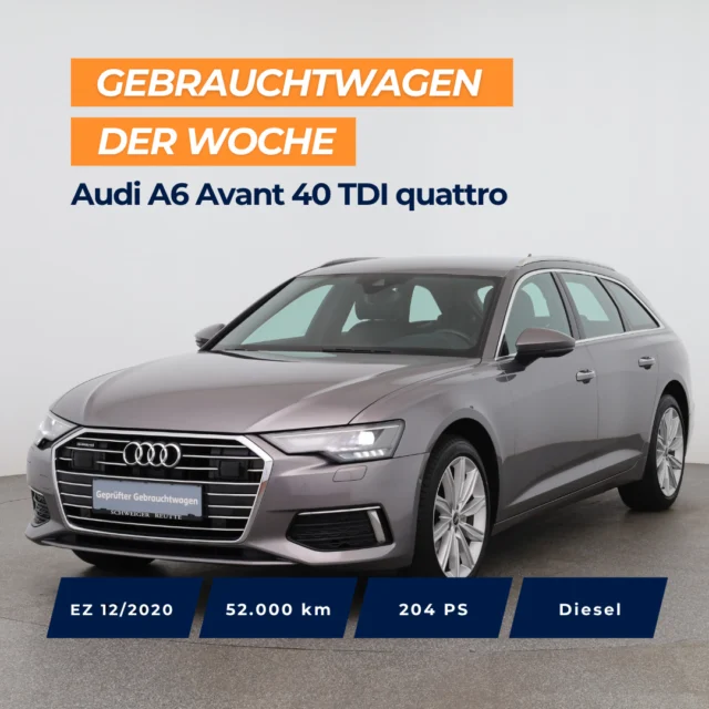 🚗 Gebrauchtwagen der Woche: Audi A6 Avant 40 TDI quattro⁠
⁠
📅 EZ: 12/2020 | 52.000 km | 204 PS | Diesel | Automatik | Allrad⁠
⁠
Top Ausstattung: ⁠
✨ 4-Zonen-Komfortklimaautomatik⁠
✨ Adaptiver Geschwindigkeitsassistent⁠
✨ Audi smartphone interface + phone box⁠
✨ Audi sound system⁠
✨ Einparkhilfe plus mit Umgebungsanzeige⁠
✨ LED-Scheinwerfer und Rückleuchten⁠
✨ Sitzheizung vorn⁠
✨ Sportlederlenkrad mit Multifunktion und Schaltwippen⁠
✨ Verkehrszeichenerkennung⁠
✨ Vordersitze elektrisch einstellbar⁠
⁠
🇦🇹 Preis: 38.990 €⁠
🇩🇪 Preis: 35.990 €⁠
⁠
Jetzt entdecken 👉 Link in der Bio.⁠
⁠
⁠
*Audi A6 Avant 40 TDI quattro. Diesel, Automatikgetriebe, Allrad, 204 PS, EZ: 12/2020, Verbrauch (komb.): 5,9 l/100 km, CO₂-Ausstoß (komb.): 156 g/km, CO₂-Klasse: F⁠
⁠
#autohausschweiger #gebrauchtwagen #audia6