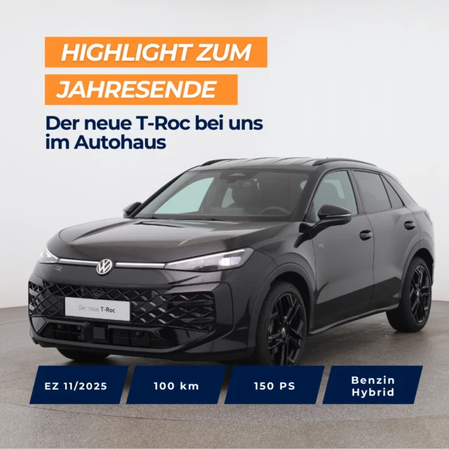 ✨ Jahresend-Highlight: Der neue VW T-Roc R-Line eTSI DSG bei uns im Autohaus! 🚗💨⁠
⁠
Top Ausstattung: ⁠
✨ Heckklappe elektrisch öffnend und schließend⁠
✨ Navigationssystem⁠
✨ Travel Assist⁠
✨ Umgebungsansicht mit Rückfahrkamera⁠
✨ Parkassistent inkl. Einparkhilfe⁠
✨ Head-up-Display⁠
✨ IQ.Light-LED-Matrix-Scheinwerfer⁠
✨ LED-Rückleuchten⁠
✨ Sitzheizung vorne⁠
✨ Sportfahrwerk⁠
✨ Ambientebeleuchtung⁠
✨ App-Connect⁠
✨ Automatische Distanzregelung ACC⁠
⁠
⁠
⁠
🇦🇹 Preis: 44.690 €⁠
🇩🇪 Preis: 39.990 €⁠
⁠
Jetzt entdecken 👉 Link in der Bio.⁠
⁠
⁠
*VW T-Roc R-Line. Benzin (mild) Hybrid, Automatikgetriebe, 150 PS, EZ: 11/2025, Verbrauch (komb.): 5,8 l/100 km, CO₂-Ausstoß (komb.): 133 g/km, CO₂-Klasse: D⁠
⁠
#autohausschweiger #gebrauchtwagen #vwtroc #volkswagen