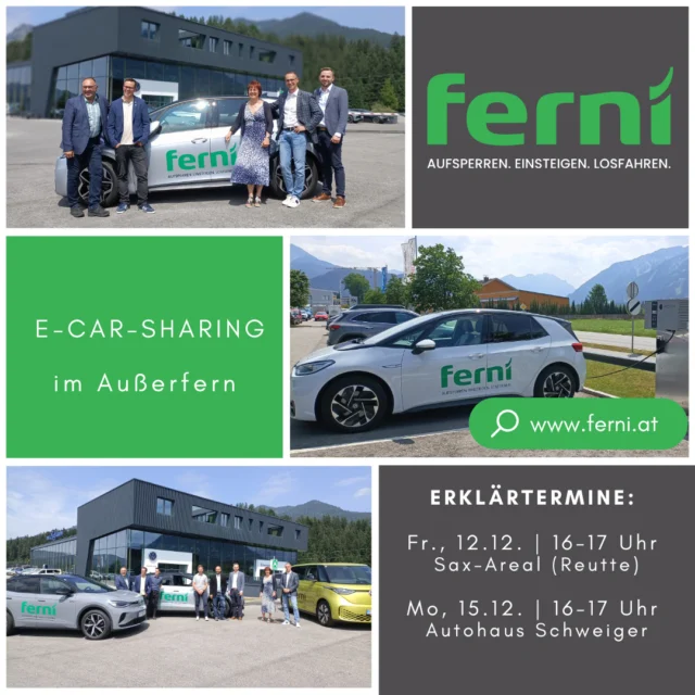 🔌🚗 ferni – dein E-Carsharing im Außerfern⁠
⁠
Neugierig, wie es funktioniert? Dann schau vorbei und lass dir ferni live erklären!⁠
⁠
📍 Fr, 12.12. | 16–17 Uhr | Sax-Areal, Reutte⁠
📍 Mo, 15.12. | 16–17 Uhr | Autohaus Schweiger⁠
⁠
Wir freuen uns auf euch! 🙌⁠
⁠
#ferni #ecarsharing #außerfern #autohausschweiger #reutte