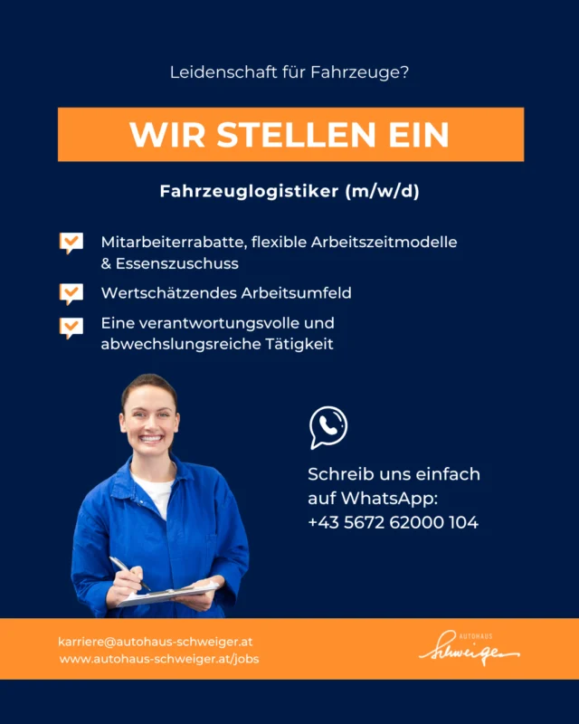 🚘 Ordnung, Verantwortung & Abwechslung?⁠
⁠
Dann bist du bei uns in der Fahrzeuglogistik (m/w/d) genau richtig!⁠
⁠
🧡 Familienunternehmen mit Start-up-Kultur.⁠
🧡 Top-Vergütung & flexible Modelle.⁠
🧡 Kollegiales Team und tolle Weiterbildungschancen.⁠
⁠
Alle Details zur Stelle und zur Bewerbung findest du über den Link: https://www.autohaus-schweiger.at/jobs/fahrzeuglogistik/⁠
⁠
Oder melde dich direkt per E-Mail/WhatsApp: 📧 karriere@autohaus-schweiger.at 📱 +43 5672 62000 104⁠
⁠
👉 Jetzt bewerben!⁠
⁠
⁠
#karriere #autohausschweiger #reutte #jobs