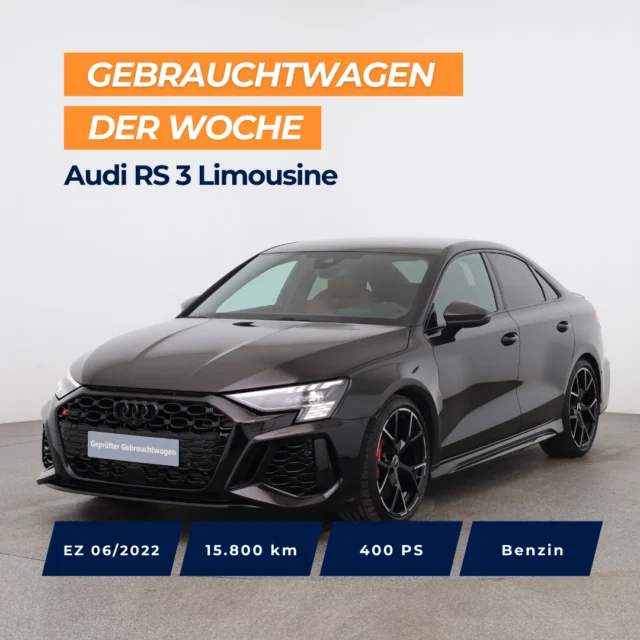 ✨ Gebrauchtwagen der Woche: Audi RS 3 Limousine 🚗💨⁠
⁠
Top Ausstattung: ⁠
✨ Sitze professionell in braunes Leder gepolstert⁠
✨ Audi connect Navigation & Infotainment plus⁠
✨ Audi drive select⁠
✨ Abgedunkelte Matrix LED-Scheinwerfer⁠
✨ Parkassistent mit Einparkhilfe plus⁠
✨ RS-Designpaket rot⁠
✨ RS-Dynamikpaket plus⁠
✨ RS-Keramikbremsanlage mit Bremssätteln rot glänzend⁠
✨ RS-Sportabgasanlage⁠
✨ Sitzheizung vorne⁠
✨ Vordersitze elektrisch einstellbar⁠
⁠
⁠
🇦🇹 Preis: 65.900 €⁠
🇩🇪 Preis: 58.990 €⁠
⁠
Jetzt entdecken 👉 Link in Bio.⁠
⁠
⁠
*Audi Rs 3 Sportback. Benzin, Automatikgetriebe, 400 PS, EZ: 06/2022, Verbrauch (komb.): 8,9 l/100 km, CO₂-Ausstoß (komb.): 203 g/km, CO₂-Klasse: G