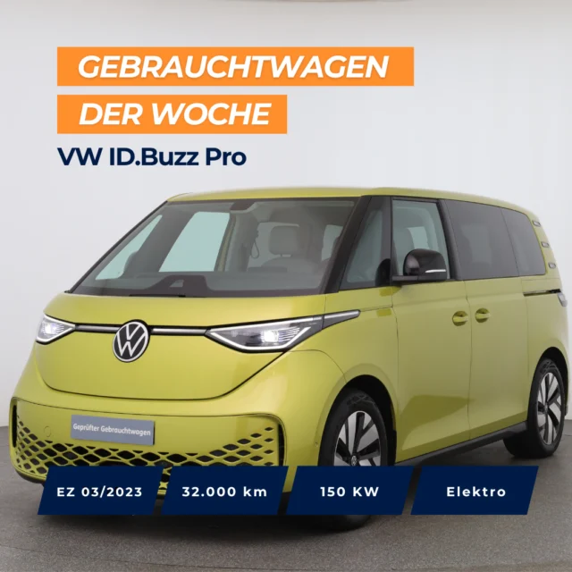 🚗 Gebrauchtwagen der Woche: VW ID.Buzz Pro⁠
⁠
📅 EZ: 03/2023 | 32.000 km | 150 KW | Elektro | Automatik | Heckantrieb⁠
⁠
Top Ausstattung: ⁠
✨ Anhängevorrichtung⁠
✨ App-Connect⁠
✨ Automatische Distanzregelung ACC⁠
✨ Park Assist Plus⁠
✨ Navigationssystem "Discover Pro"⁠
✨ Rückfahrkamera (Rear View)⁠
✨ Vordersitze beheizbar⁠
✨ Frontscheibenheizung⁠
✨ Beheizbares Lederlenkrad⁠
✨ IQ.LIGHT - LED-Matrix-Scheinwerfer⁠
⁠
⁠
🇦🇹 Preis: 40.990 €⁠
🇩🇪 Preis: 40.990 €⁠
⁠
Jetzt entdecken 👉 Link in der Bio.⁠
⁠
*VW Id. Buzz Pro. Elektrofahrzeug, Automatikgetriebe, Allrad, 150 KW, EZ: 03/2023, Verbrauch (komb.): 21 Kwh/100 km, CO₂-Ausstoß (komb.): 0 g/km, CO₂-Klasse: A⁠
⁠
#autohausschweiger #gebrauchtwagenderwoche #gebrauchtwagen #idbuzzpro⁠
⁠