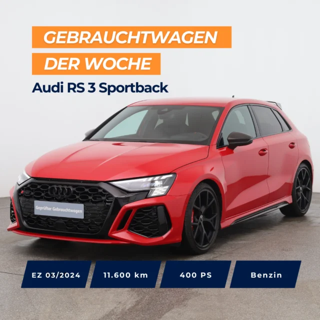 🚗 Gebrauchtwagen der Woche: Audi RS 3 Sportback⁠
⁠
📅 EZ: 03/2024 | 11.600 km | 400 PS | Benzin | Automatik | Allradantrieb⁠
⁠
Top Ausstattung: ⁠
✨ Audi connect Navigation & Infotainment plus⁠
✨ Audi drive select⁠
✨ Abgedunkelte Matrix LED-Scheinwerfer⁠
✨ Parkassistent mit Einparkhilfe plus⁠
✨ RS-Designpaket rot⁠
✨ RS-Dynamikpaket plus⁠
✨ RS-Keramikbremsanlage mit Bremssätteln rot glänzend⁠
✨ RS-Sportabgasanlage⁠
✨ Sitzheizung vorn⁠
✨ Vordersitze elektrisch einstellbar⁠
⁠
⁠
🇦🇹 Preis: 72.990 €⁠
🇩🇪 Preis: 58.990 €⁠
⁠
Jetzt entdecken 👉 Link in der Bio.⁠
⁠
*Audi RS 3 Sportback. Benzin, Automatikgetriebe, Allrad, 400 PS, EZ: 03/2024, Verbrauch (komb.): 9,1 l/100 km, CO₂-Ausstoß (komb.): 206 g/km, CO₂-Klasse: G⁠
⁠
#gebrauchtwagen #audi #audirs3 #autohausschweiger