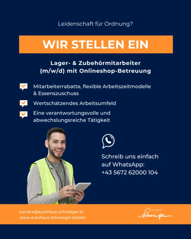 📢 Wir suchen dich! ⁠
⁠
Werde Teil unseres Teams als Lager‑ & Zubehörmitarbeiter (m/w/d) inkl. Onlineshop‑Betreuung. ⁠
⁠
Abwechslungsreich, selbstständig & mit Verantwortung! 🚗⁠
⁠
Jetzt bewerben 👉 Link in der Bio!⁠
⁠
#autohausschweiger #reutte #job #jobchance⁠