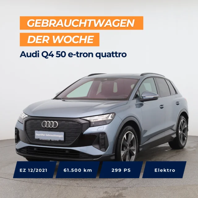 🚗 Gebrauchtwagen der Woche: Audi Q4 50 e-tron quattro⁠
📅 EZ: 12/2021 | 61.500 km | 299 PS | Elektro | Automatik | Allradantrieb⁠
⁠
Top Ausstattung: ⁠
✨ Anhängevorrichtung⁠
✨ Assistenzpaket plus⁠
✨ MMI Navigation plus mit MMI touch⁠
✨ Matrix LED-Scheinwerfer⁠
✨ Panorama-Glasdach⁠
✨ Rückfahrkamera⁠
✨ SONOS Premium Soundsystem⁠
✨ Sitzheizung vorn⁠
✨ Lenkradheizung⁠
✨ Dynamikpaket⁠
✨ Einparkhilfe plus⁠
⁠
⁠
🇦🇹 Preis: 30.990 €⁠
🇩🇪 Preis: 30.990 €⁠
⁠
Jetzt entdecken 👉 Link in Bio.⁠
⁠
*Audi Q4 50 e-tron quattro. Elektro, Automatik, Allradantrieb, 299 PS, EZ: 12/2021, Verbrauch (komb.): 20 kwh/100 km⁠
⁠
#autohausschweiger #reutte #gebrauchtwagen #audietron #audiq4
